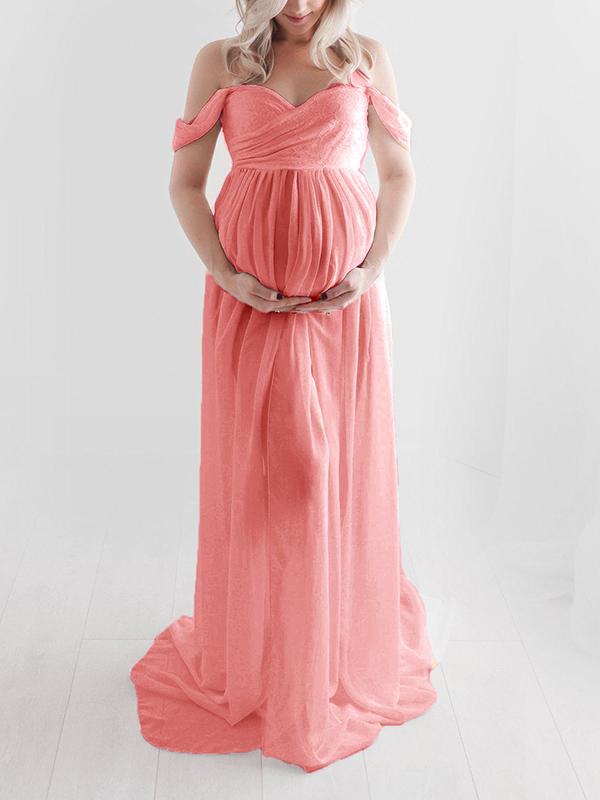 Slit Off Shoulder Photoshot Flowy Maxi Maternity Dress