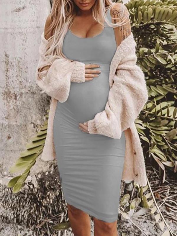 Seindeal Vest Midi Maternity Bodycon Dress Outfits for Workwear with Solid Pleated Spaghetti Strap