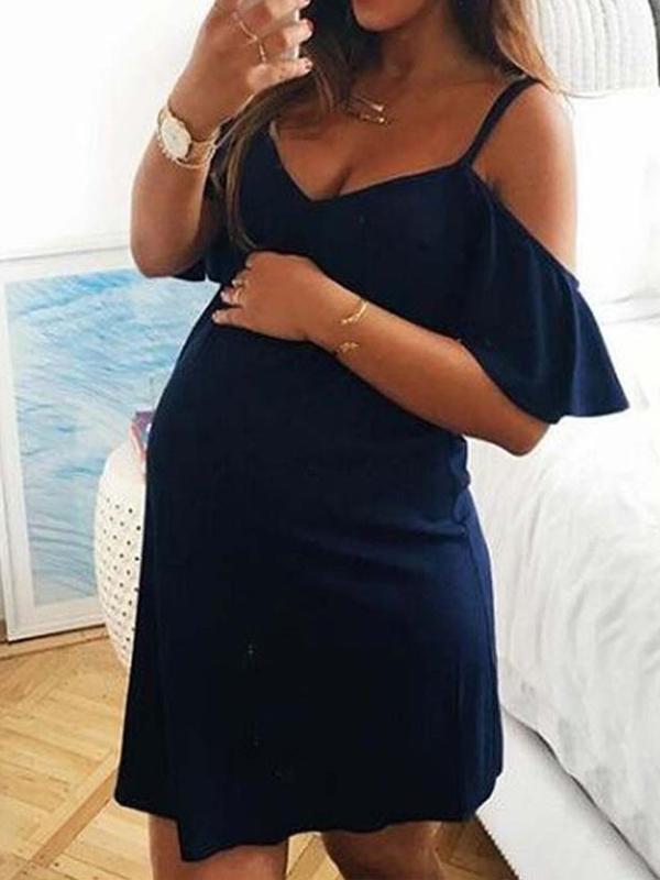 Ruffle Shoulder-Strap V-neck Short Sleeve Mini Maternity Dresses