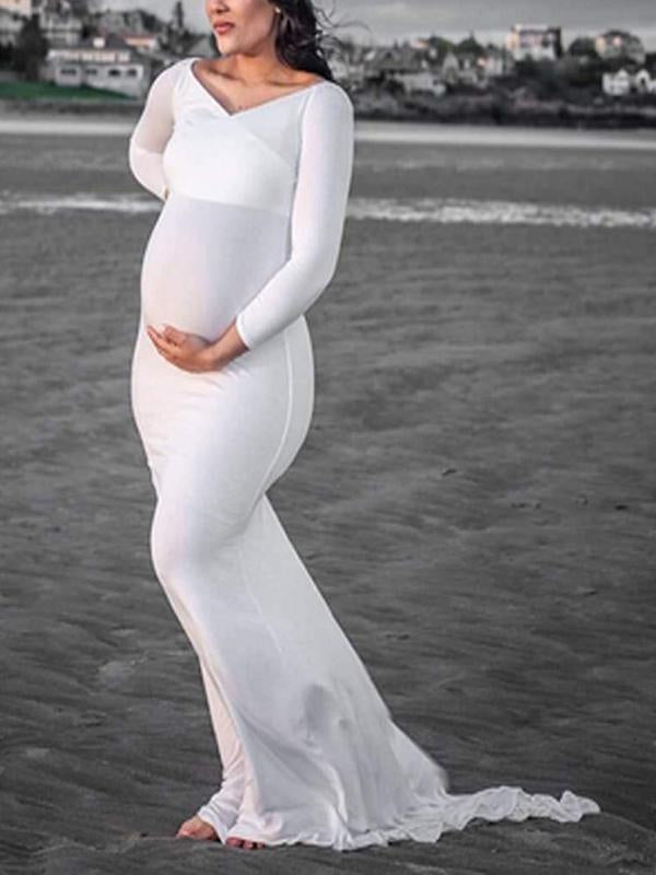 Seindeal Off Shoulder V-neck Maxi Maternity Photoshoot Dresses for Pregnancy