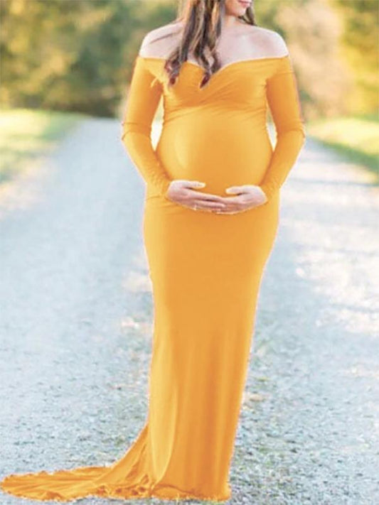 Seindeal Off Shoulder V-neck Maxi Maternity Photoshoot Dresses for Pregnancy