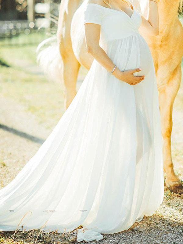 Seindeal Off Shoulder Chiffon Photoshoot Long Flowy Maternity Dress for Baby Shower Boho