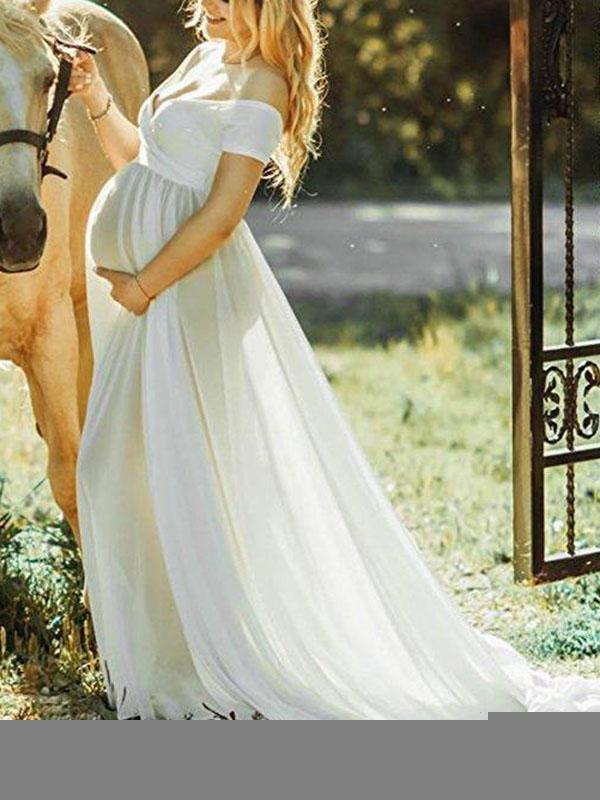 Seindeal Off Shoulder Chiffon Photoshoot Long Flowy Maternity Dress for Baby Shower Boho