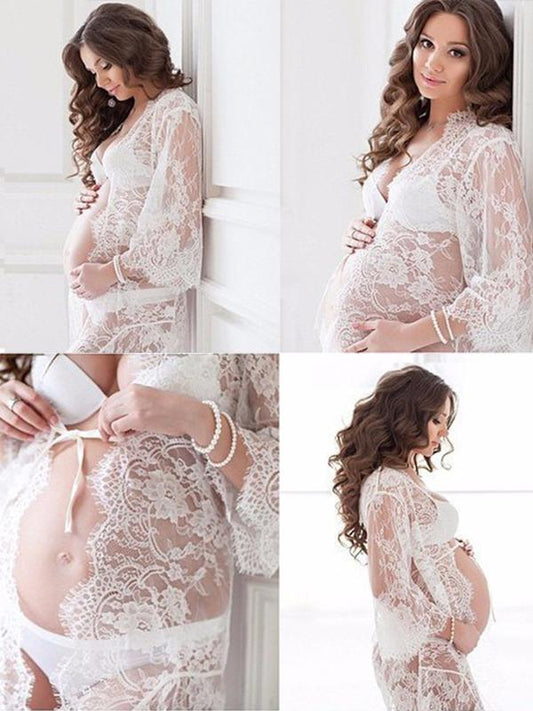 Seindeal Fall Lace Wrap Sheer Maternity Dress for Photoshoot Maxi Long Sleeve with Robe White and Black Halloween