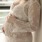 Seindeal Fall Lace Wrap Sheer Maternity Dress for Photoshoot Maxi Long Sleeve with Robe White and Black Halloween