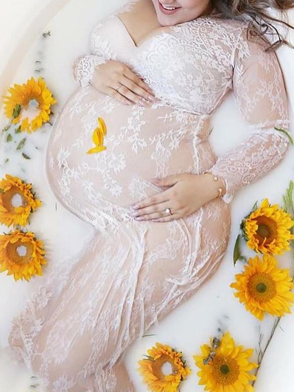 Lace V-neck Long Sleeve Fashion Maternity Dress