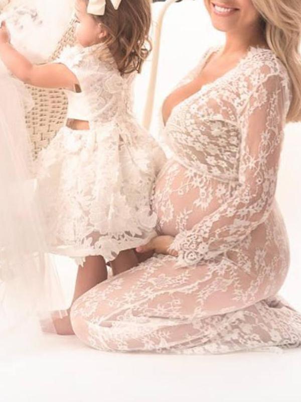 Lace V-neck Long Sleeve Fashion Maternity Dress