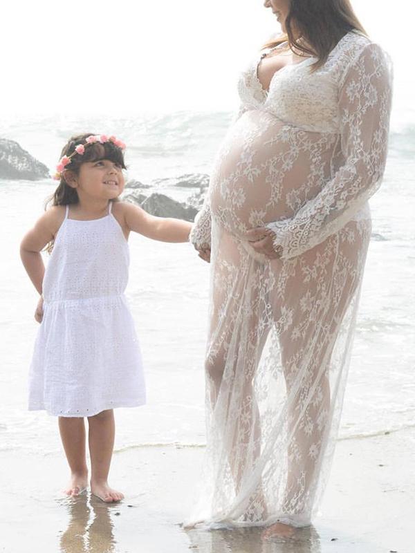 Lace V-neck Long Sleeve Fashion Maternity Dress