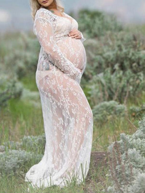 Lace V-neck Long Sleeve Fashion Maternity Dress