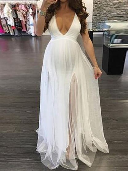 Seindeal Mesh V-neck Backless Going Out Baby Shower Maternity Dress Photoshoot High Slip Cut Design