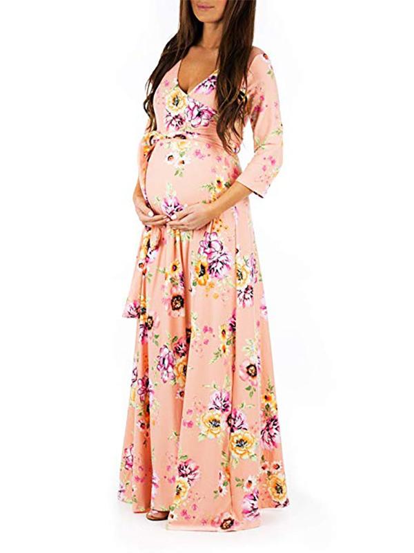 Momnfangcy Floral Belt V-neck Three Quarter Length Sleeve Casual Maternity Maxi Dress