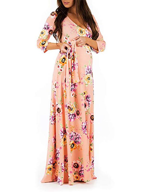 Momnfangcy Floral Belt V-neck Three Quarter Length Sleeve Casual Maternity Maxi Dress