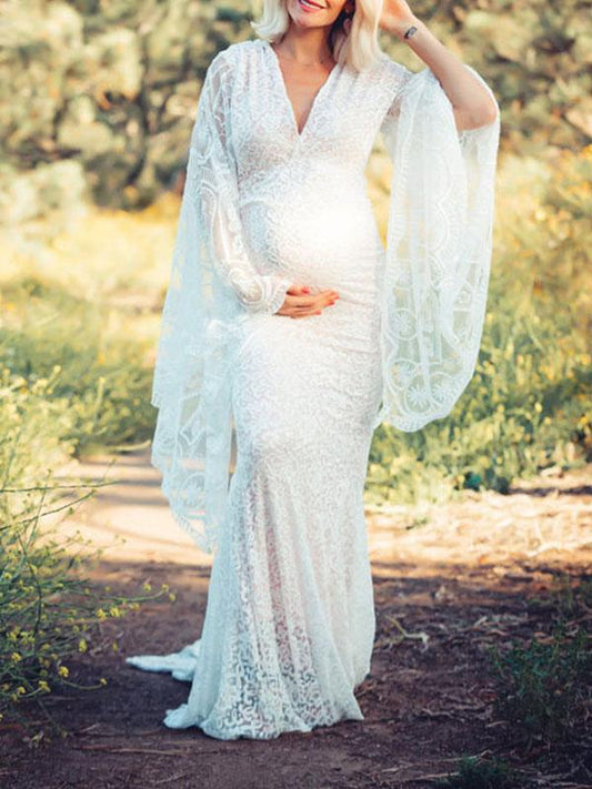 Lace Mermaid Pregnancy V-neck Flare Sleeve Elegant Maxi Dress