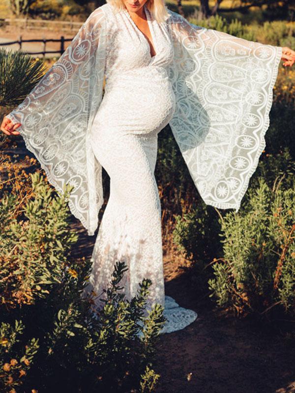 Lace Mermaid Pregnancy V-neck Flare Sleeve Elegant Maxi Dress