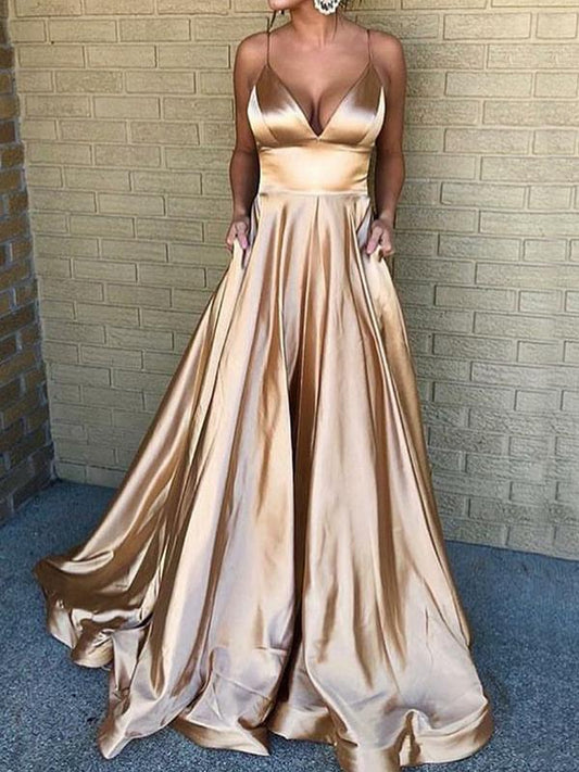 Seindeal Pleated Spaghetti Straps V-Neck Sleeveless Elegant Maxi Dress Evening Dress Ball Gown