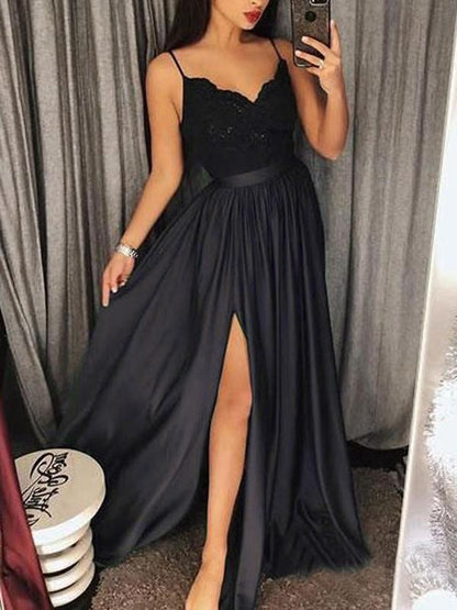 Lace Side Slit V-Neck Spaghetti Straps Women Maxi Dresses Lace Dress Evening Dress