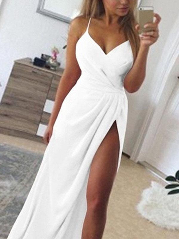 Side Slit Cross Back V Neck Sleeveless Maxi Dresses Women Elegant Dress