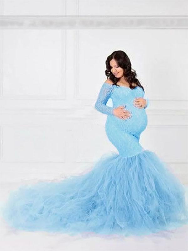 Seindeal Lace Off Shoulder Mermaid Tutu Maternity Gowns for Baby Shower Maxi Dress