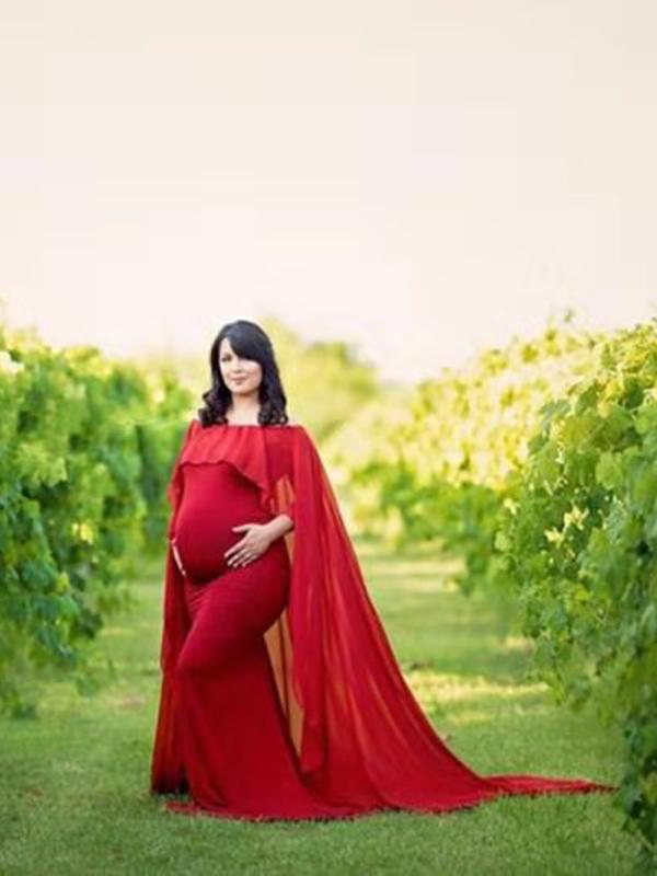 Ruffle Off Shoulder Photoshoot Cape Maternity Maxi Dress