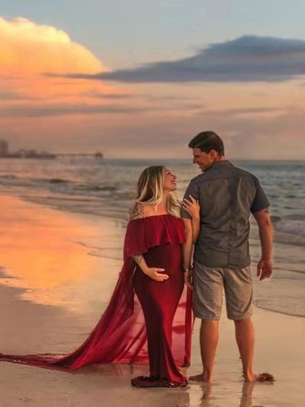 Ruffle Off Shoulder Photoshoot Cape Maternity Maxi Dress