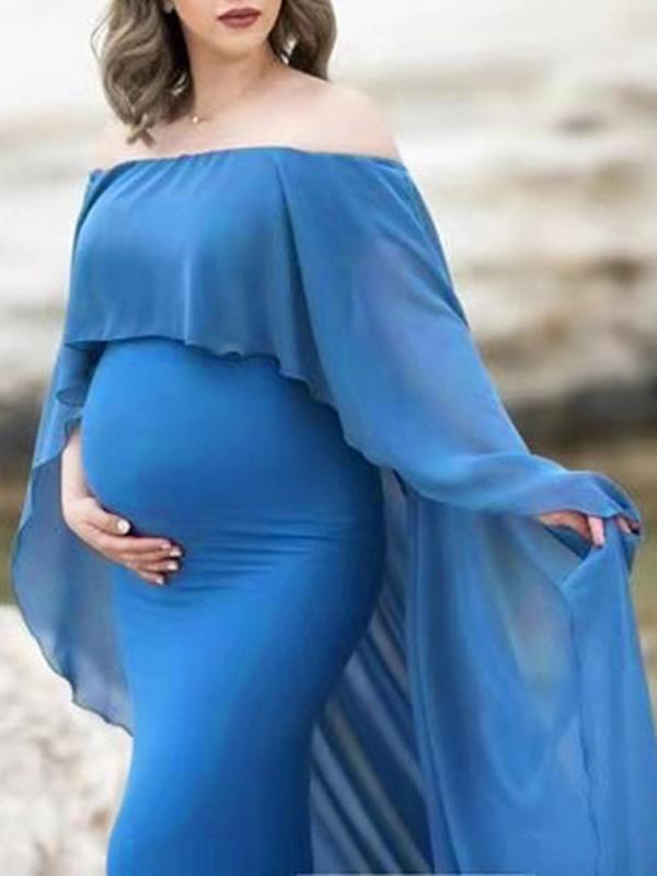 Ruffle Off Shoulder Photoshoot Cape Maternity Maxi Dress