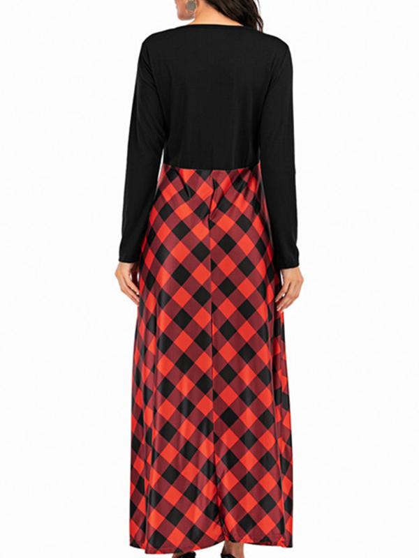 Red-Black Plaid Print Pockets Buffalo Plaid Christmas Maternity Maxi Dresses