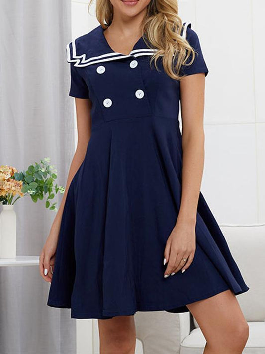 Blue Double Breasted Draped Turn-Down Collar Short Sleeve Midi Dress Maritime Navy Sailor Dress Bell Dress Party Dress