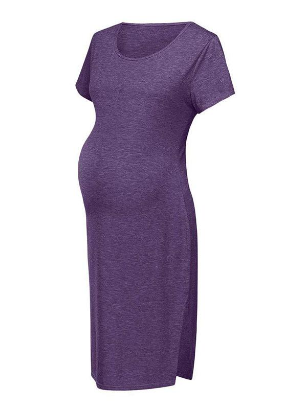 Slit Bodycon Round Neck Short Sleeve Maternity Casual Midi Dress