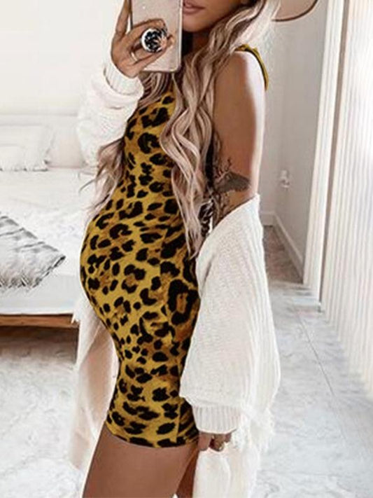 Leopard Print Round Neck Sleeveless Vest Mini Maternity Dress