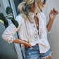 Zipper Lace High Stand Collar 3/4 Sleeves Regular Women's Bohemian Blouses