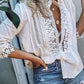 Zipper Lace High Stand Collar 3/4 Sleeves Regular Women's Bohemian Blouses