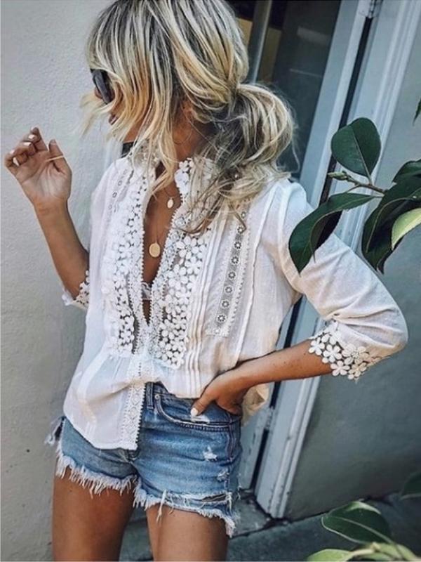 Zipper Lace High Stand Collar 3/4 Sleeves Regular Women's Bohemian Blouses