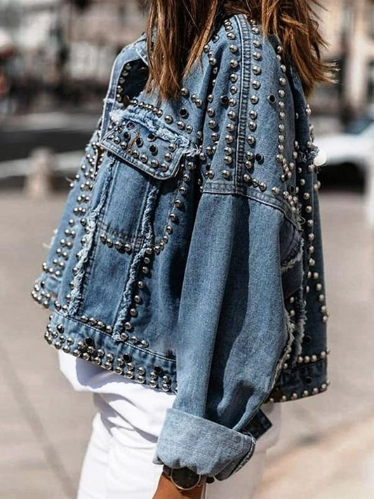 Blue Solid Color Pockets Rivet Single Breasted Turn Down Collar Long Sleeve Women Jackets Denim Jacket