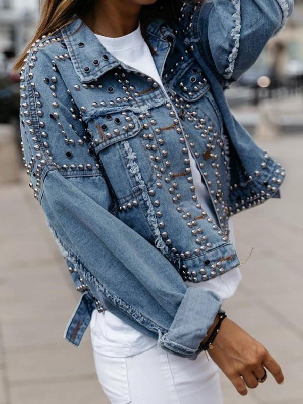 Blue Solid Color Pockets Rivet Single Breasted Turn Down Collar Long Sleeve Women Jackets Denim Jacket