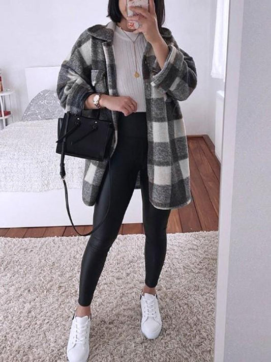 Black Checkered Pockets Oversize Turn-Down Collar Long Sleeve Ladies Shirt Jacket Lumberjack Jacket Flannel Shirt Jacket