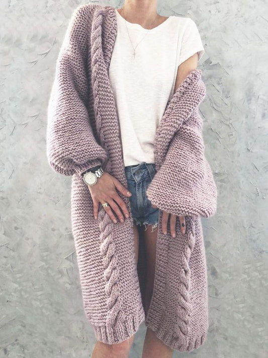 Seindeal Pockets Lantern Sleeve Cable Maternity Sweater Long Cardigan