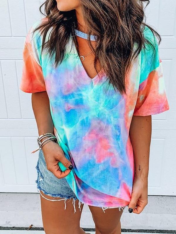 Colorful Tie Dye Cut Out Short Sleeve Fashion Casual Maternity Choker T-Shirt