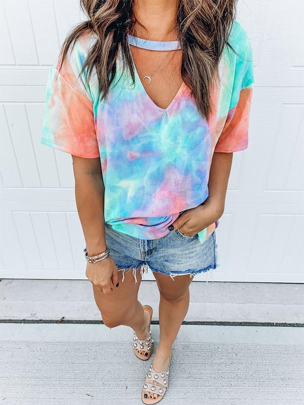 Colorful Tie Dye Cut Out Short Sleeve Fashion Casual Maternity Choker T-Shirt