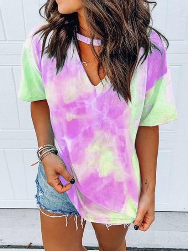 Colorful Tie Dye Cut Out Short Sleeve Fashion Casual Maternity Choker T-Shirt