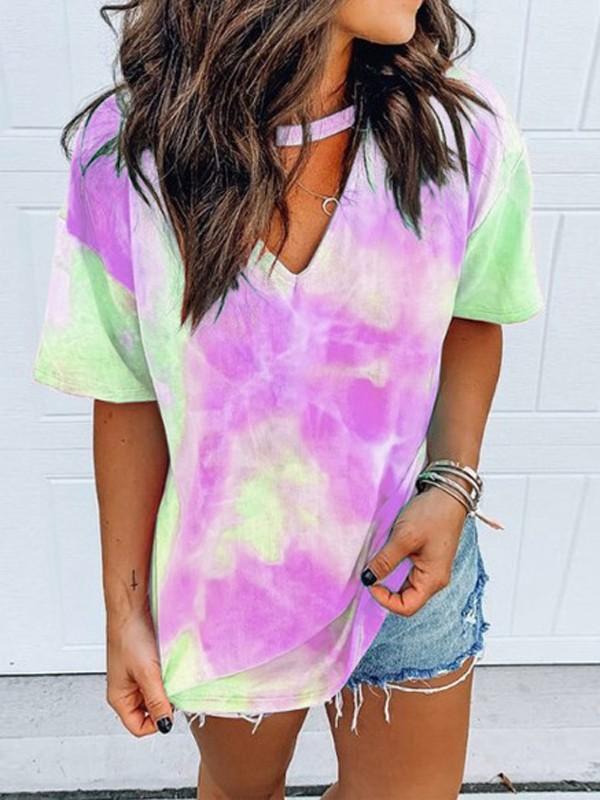 Colorful Tie Dye Cut Out Short Sleeve Fashion Casual Maternity Choker T-Shirt