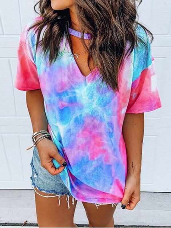 Colorful Tie Dye Cut Out Short Sleeve Fashion Casual Maternity Choker T-Shirt