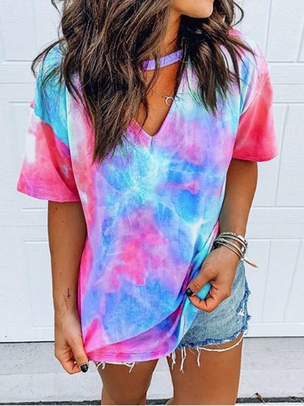 Colorful Tie Dye Cut Out Short Sleeve Fashion Casual Maternity Choker T-Shirt