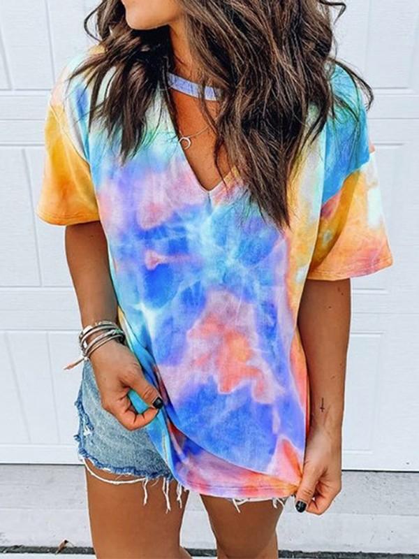 Colorful Tie Dye Cut Out Short Sleeve Fashion Casual Maternity Choker T-Shirt