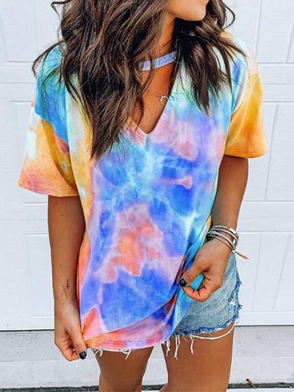 Colorful Tie Dye Cut Out Short Sleeve Fashion Casual Maternity Choker T-Shirt