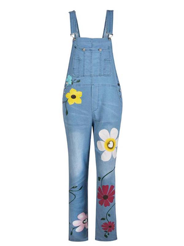 Seindeal Flowers Print Overall Maternity Long Denim Dungarees Jumpsuit Plus Size