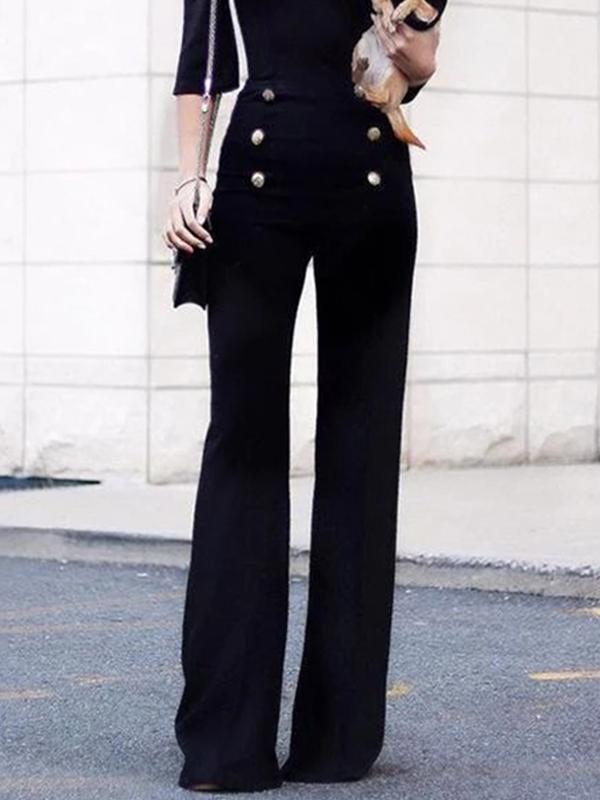 Black Solid Color Double Breasted High Waist Women's Pants