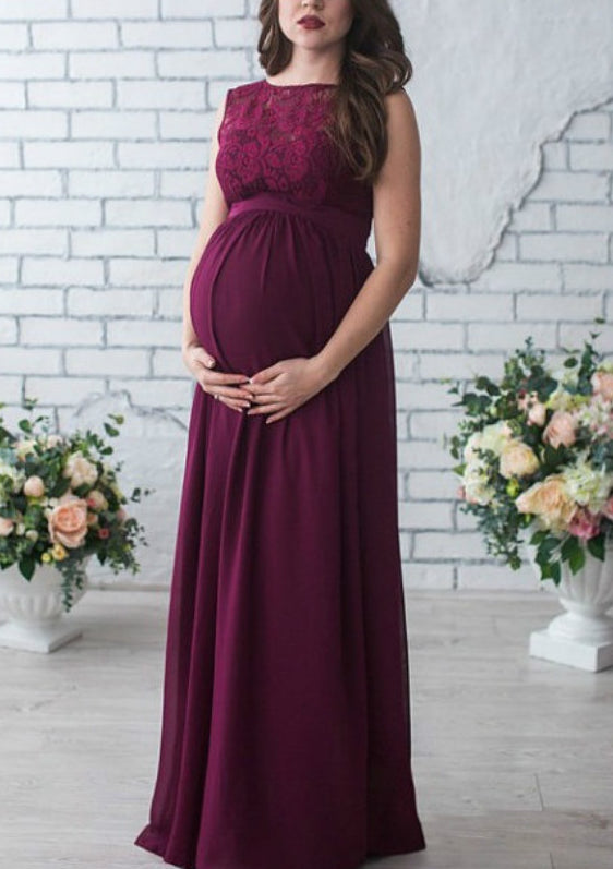 Lace Draped Sashes Chiffon Sleeveless Babyshower Maternity Maxi Dress