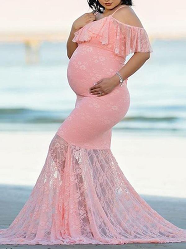 Seindeal Lace Ruffle Off Shoulder Mermaid Condole Photoshoot Maternity Maxi Dress