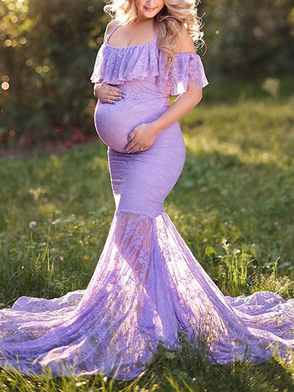 Seindeal Lace Ruffle Off Shoulder Mermaid Condole Photoshoot Maternity Maxi Dress