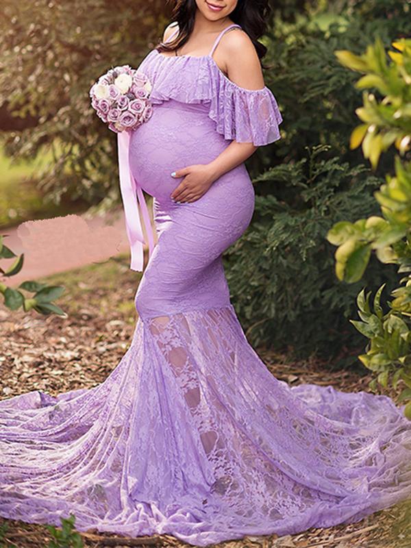 Seindeal Lace Ruffle Off Shoulder Mermaid Condole Photoshoot Maternity Maxi Dress